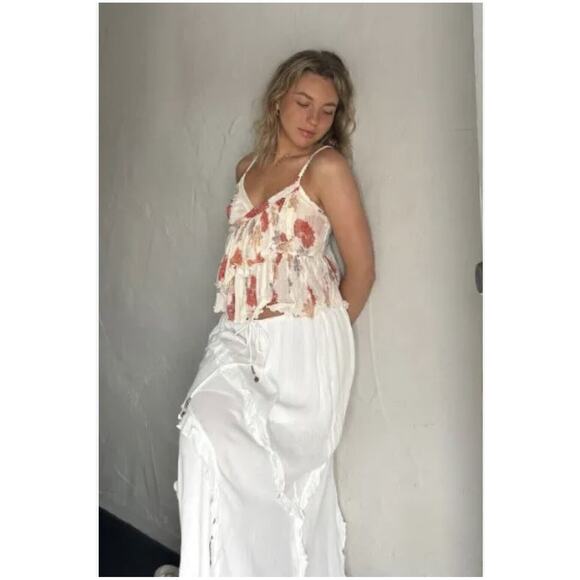 Free‎ People Asymmetrical Spaghetti Strap Top Cream + Floral Women Sz Med - Picture 4 of 8